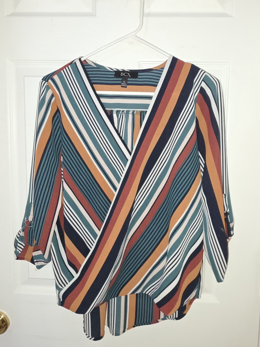 BCX Teal Multi-Stripe Wrap Front Women’s Top